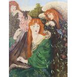 A Pre-Raphaelite style oil on canvas. Depicting three women dressed in medieval attire.