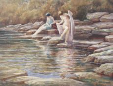 Tom Whitehead (1886-1959), watercolour, His sister and another by a natural pool bathing.