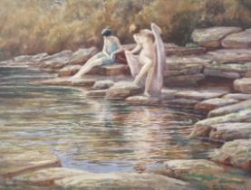 Tom Whitehead (1886-1959), watercolour, His sister and another by a natural pool bathing.