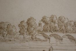 17th century, English School, brown pen ink drawing of a five arch bridge over a river.