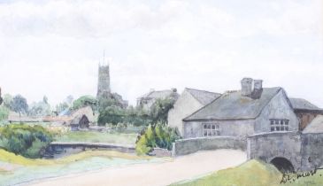 Douglas Ion Smart (1879-1970), watercolour, a rural village with bridge over river, church, etc.