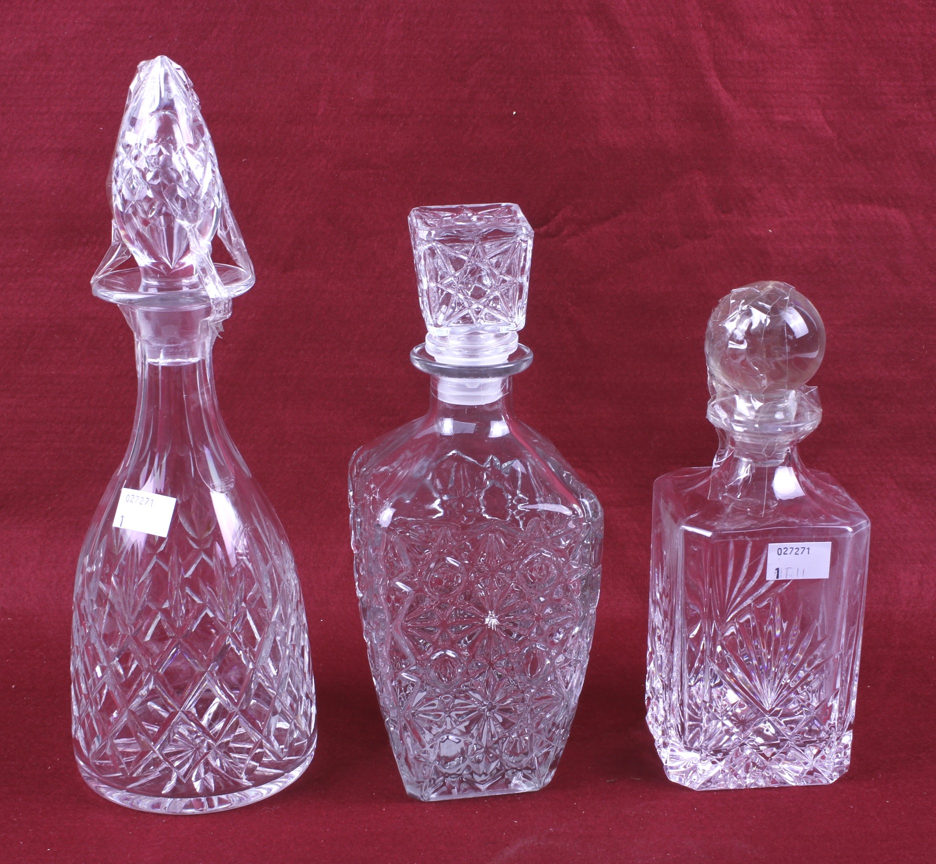 Three glass decanters and two copper bowls. - Image 3 of 3