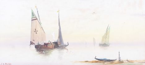 S H Bull, a 20th century watercolour of yachts in a harbour. Signed lower left, 21.5cm x 36.