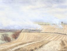 Violet Graham, 20th century, watercolour, Straw Burning on the Mendips. Ascribed verso, 26cm x 33.