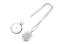 A yellow metal necklace and locket and an open face pocket watch.