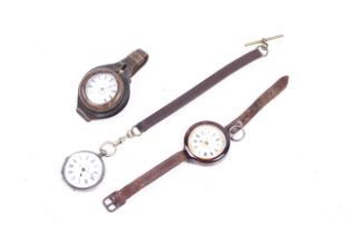 Three silver pocket watches with WWI leather wrist straps.