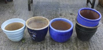 Five assorted mostly blue glazed garden plant pots. Max.