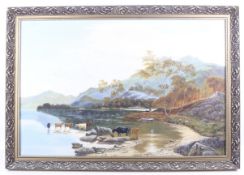 A Wilkinson, a 20th century oil on canvas depicting cows beside a lake.