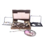 A silver and pink guilloche enameled hand mirror and clothes brush and other items.