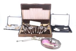 A silver and pink guilloche enameled hand mirror and clothes brush and other items.