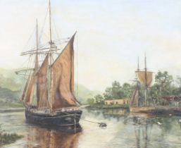 DE Wells, 20th century, oil on board 'Collier Drying Sails, River Tamar'.