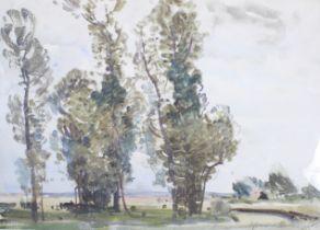 Follower of Samuel John Lamorna Birch, watercolour, 'Trees at the bend in the river'.