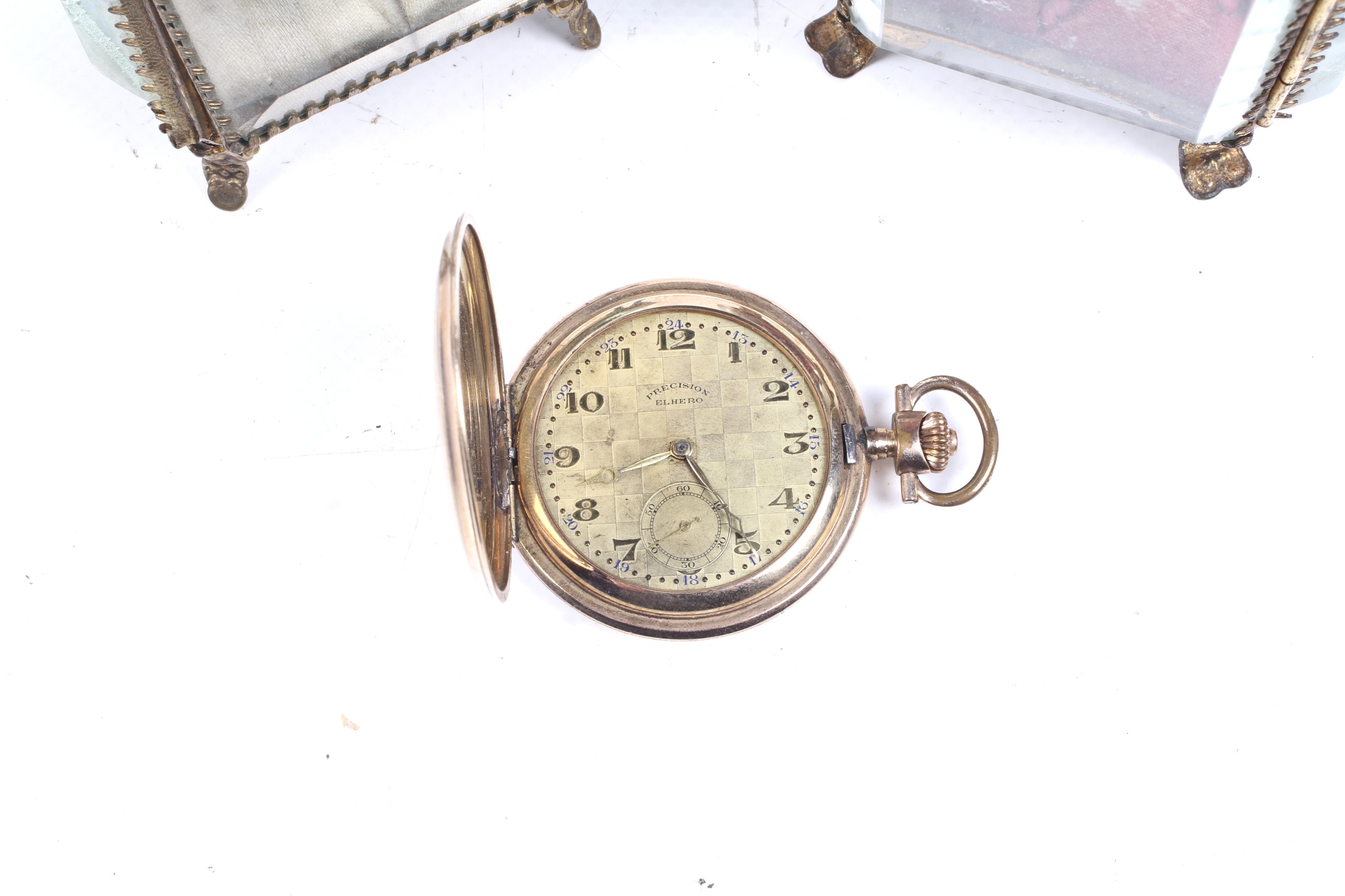 Two pocket watch stands and a gilt metal hunter-cased keyless pocket watch. - Image 2 of 2