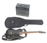 A Harley Benton 'Wilkinson' electric guitar and amp. The guitar with a black case, L98cm.