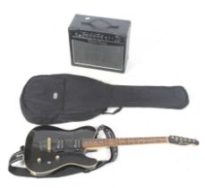 A Harley Benton 'Wilkinson' electric guitar and amp. The guitar with a black case, L98cm.