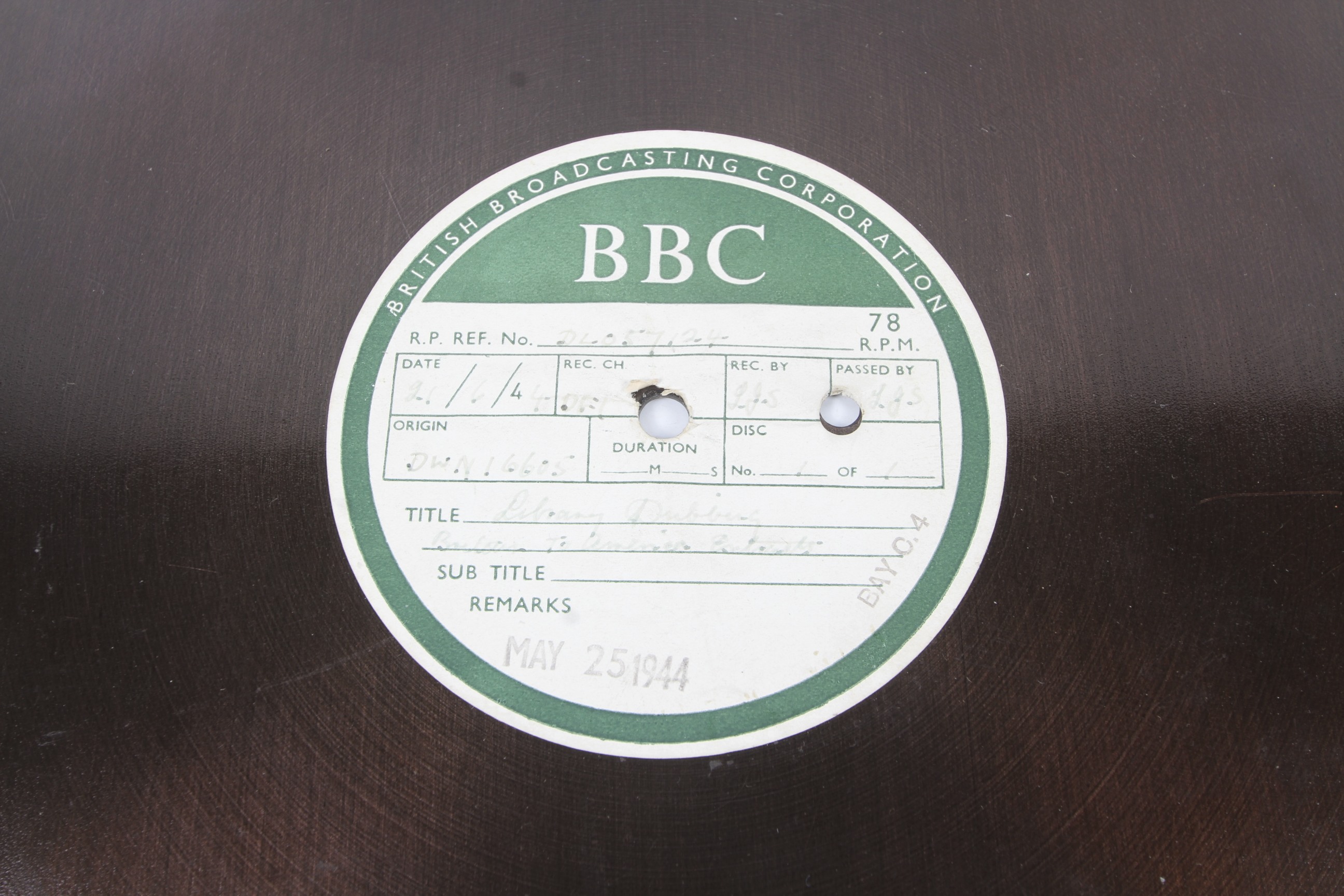 A 1940s WWII period BBC 78 RPM recording disc for radio station distribution. - Image 2 of 3