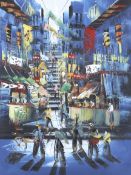 A Hong Kong street scene with figures. Oil on board. Unsigned, framed and glazed.