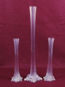 Three Victorian style glass lily vases. A pair and one other. Max.