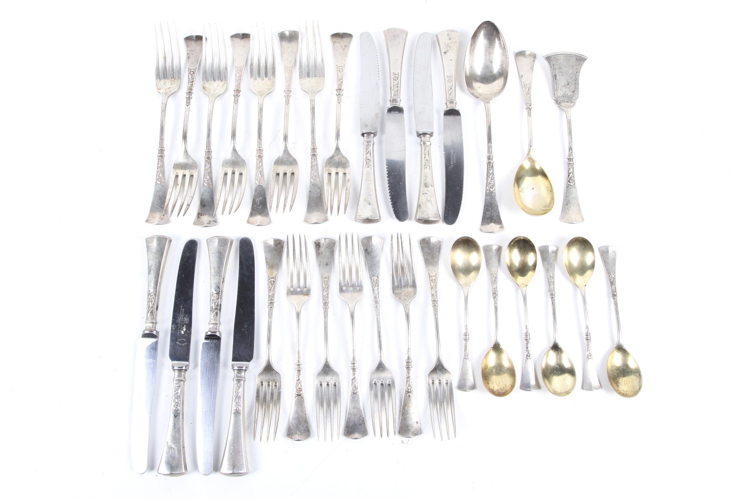 A set of German .800 standard silver flatware, knives and other items by J C Wich.