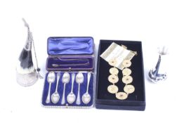 A collection of silver and other items including a set of six silver coffee spoons.