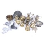 An assortment of metalware. Including a bell decorated with a chicken, brass vases etc. Max.