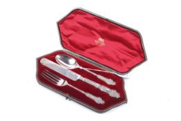 A late Victorian silver christening knife, fork and spoon set.