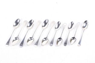 Eleven George III silver old English pattern tea spoons.