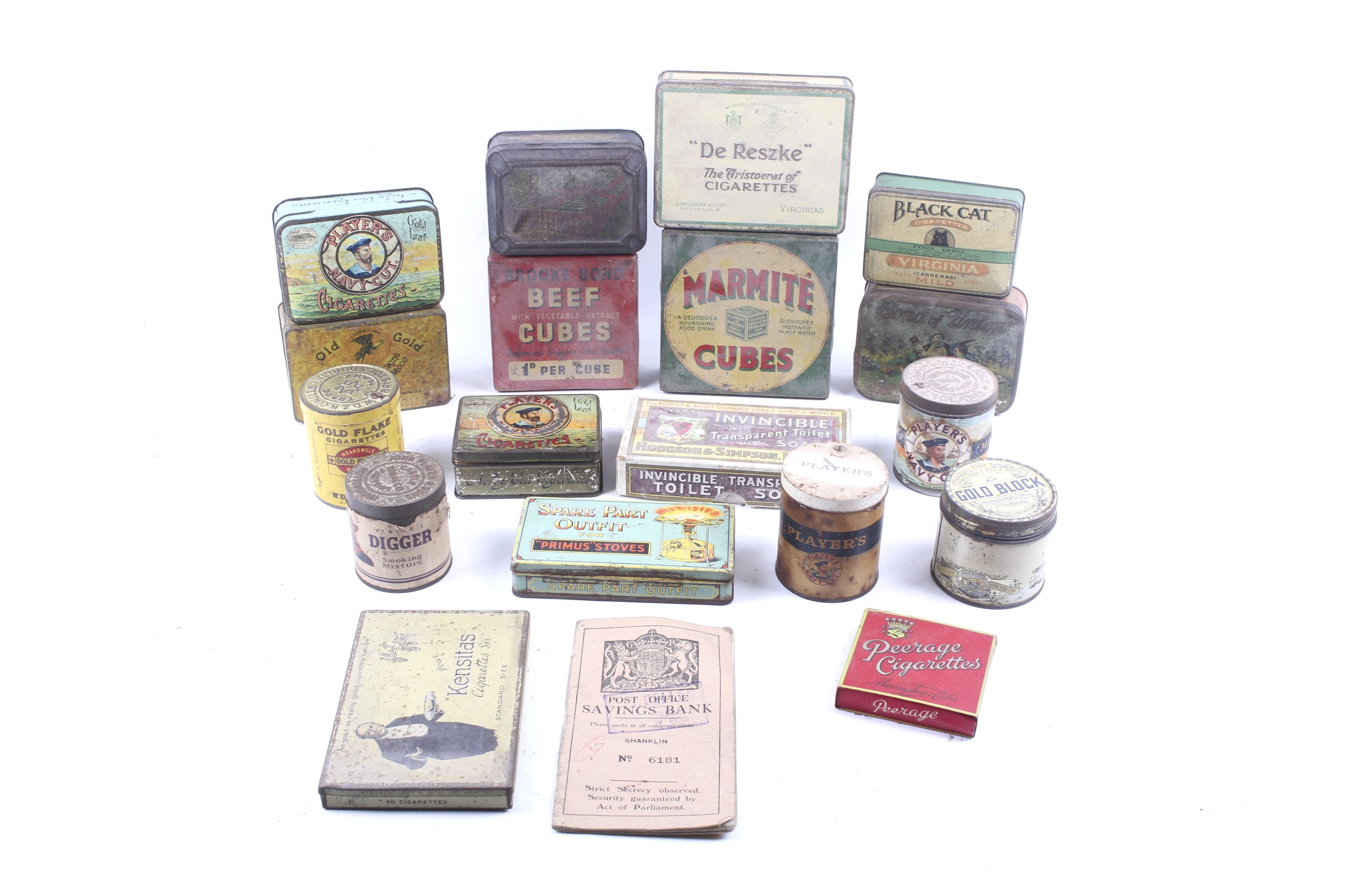 An collection of vintage advertising product tins,mostly tobacco related.