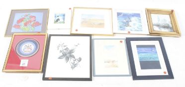 Nine assorted pictures and prints. Including a cat print by Rosina Wachtmeister, 15.5cm x 11.