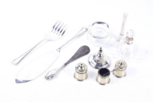 A silver mounted clear-glass globular scent bottle and other items.