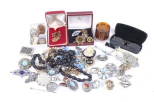 A collection of costume jewellery and a few badges.