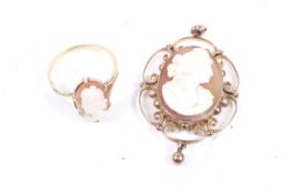 An early 20th century rose gold and shell cameo oval pendant and a cameo ring.