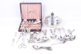 An assortment of Victorian and later silver plated items and a small silver cup.