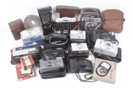A collection of vintage cameras. Including a Agfa Isolette, Illford 'Sportsman', Ross Ensign, etc.