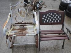 Two vintage garden chairs. Including a metal framed rocking chair and another.