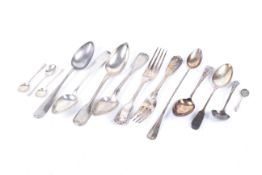 A collection of silver and plated flatware including a pair of 19th century Russian silver table