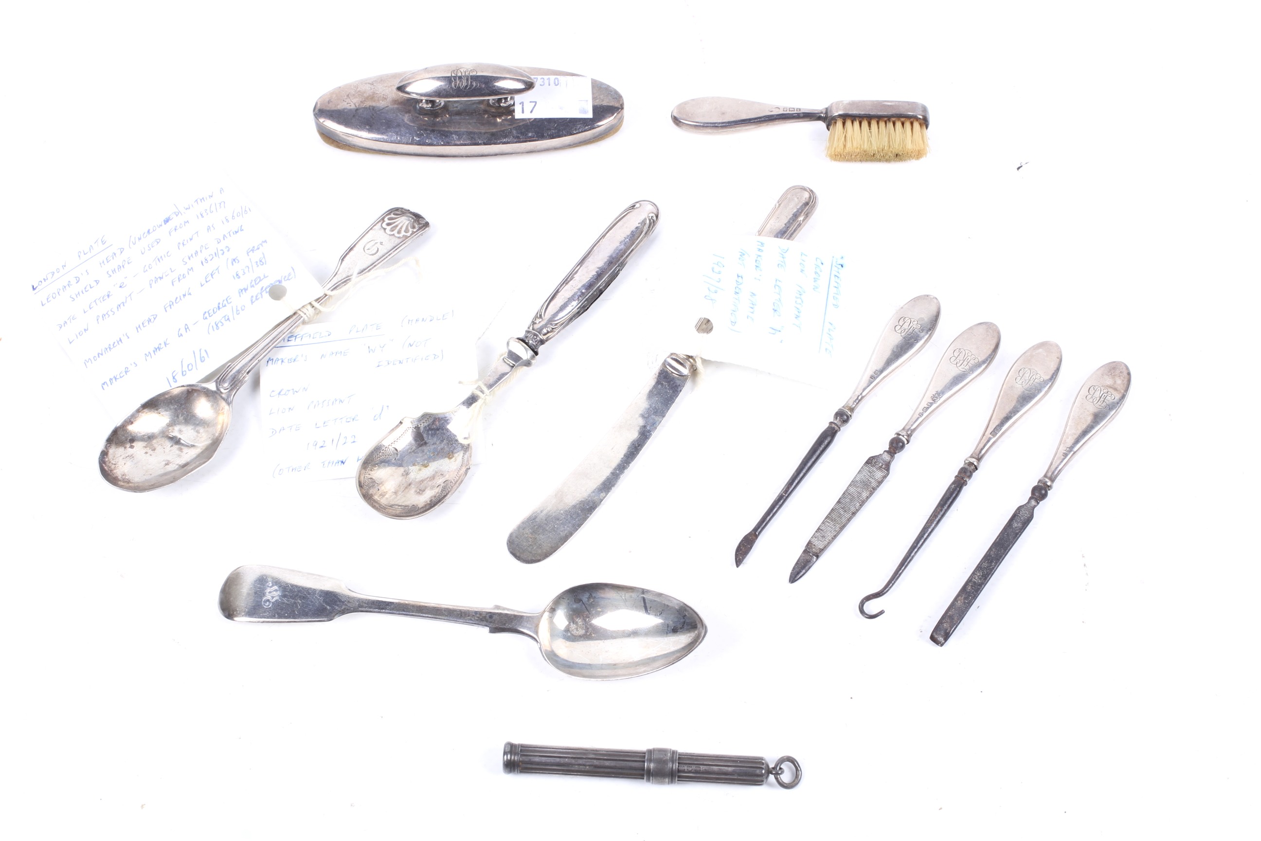 A collection of 19th century and later silver spoons and other items.