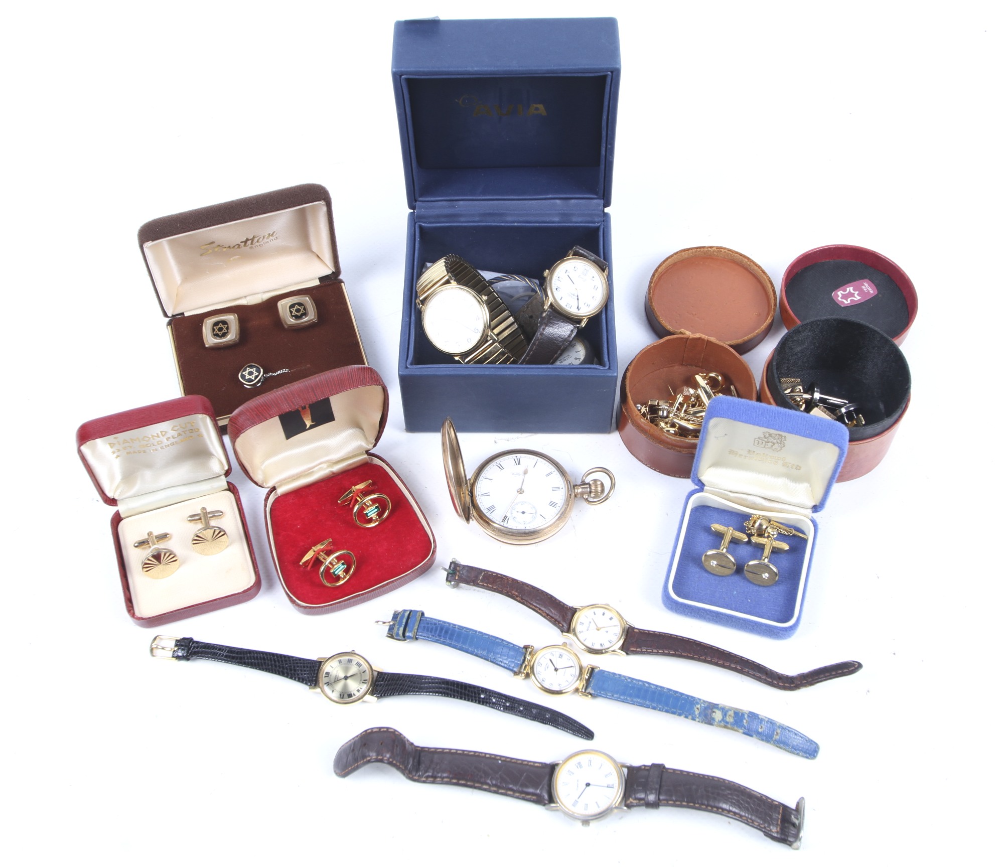 A Waltham, gold-plated hunter cased keyless pocket watch and other items.