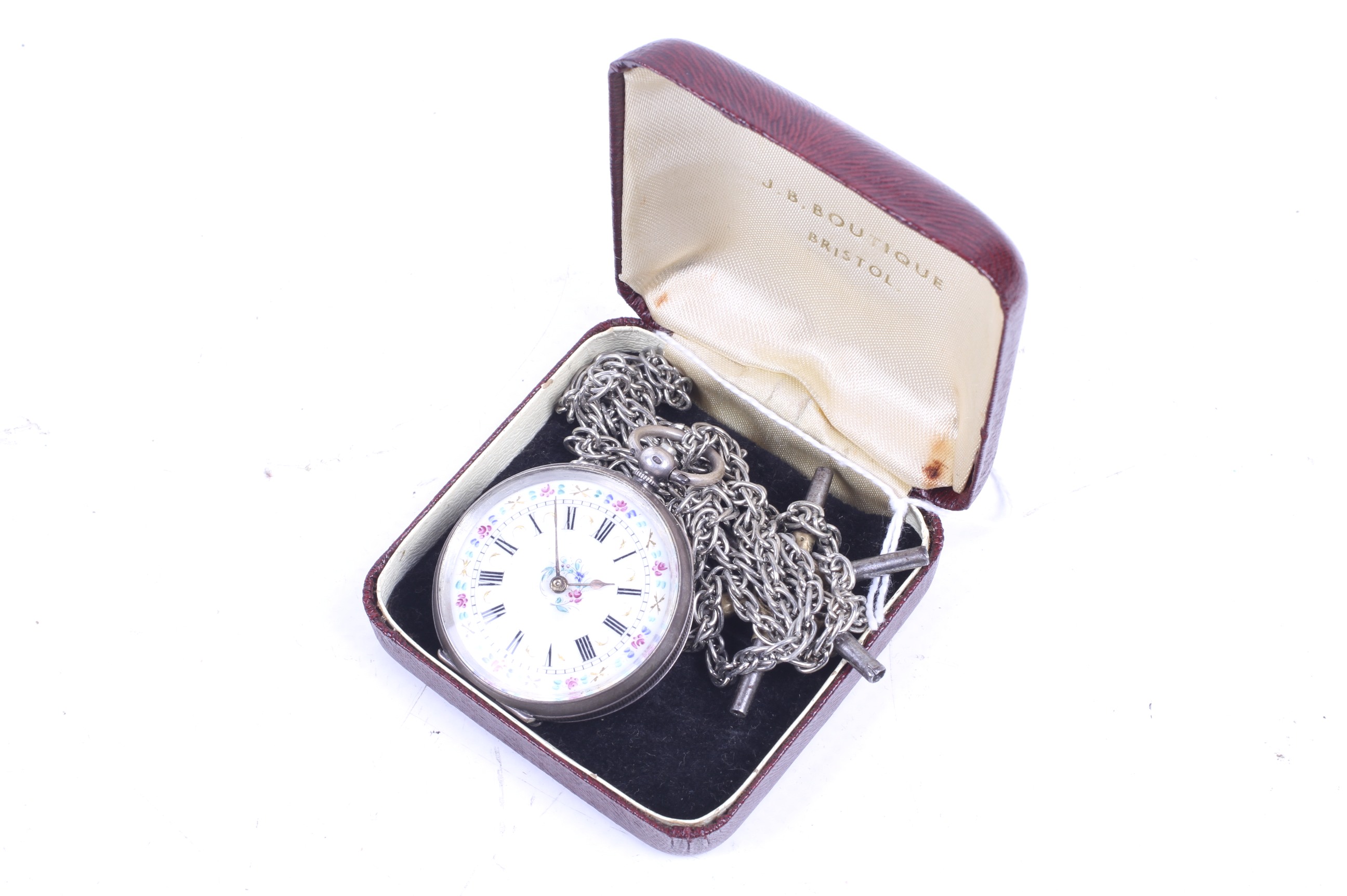 A lady's cased open face pocket watch.