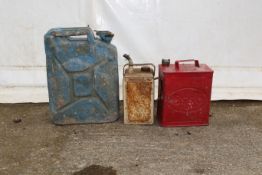 Three vintage fuel cans. Comprising one blue 20l, one Valor and one Esso can, all with lids.