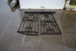 Two wrought iron garden gates plus one post. Finished in black, post H171cm.