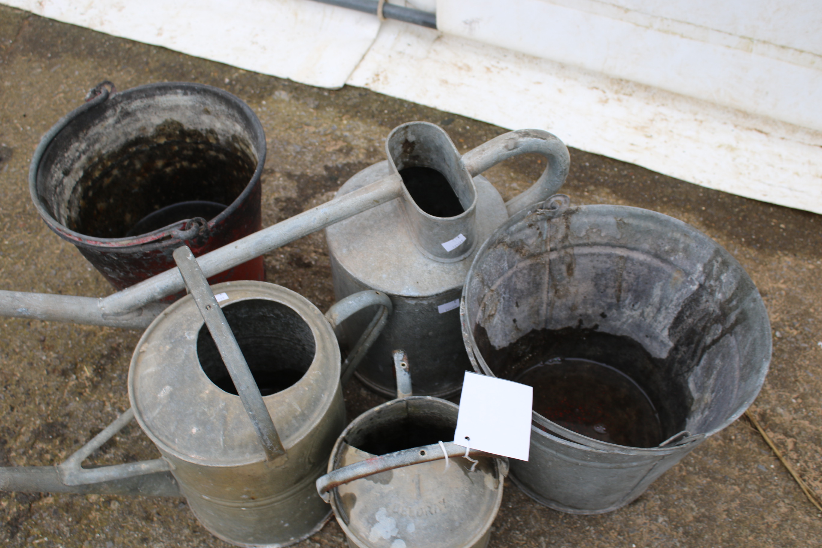 Three galvanised watering cans and two buckets. - Image 3 of 3
