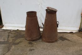 Two 17 gallon metal churns. One with lid, both not watertight, H90cm.