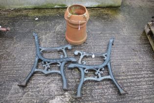 2 x metal bench ends and a terracotta chimney pot