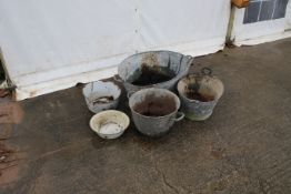 A collection of galvanised items. Comprising two vintage tin baths, two metal pots, etc.