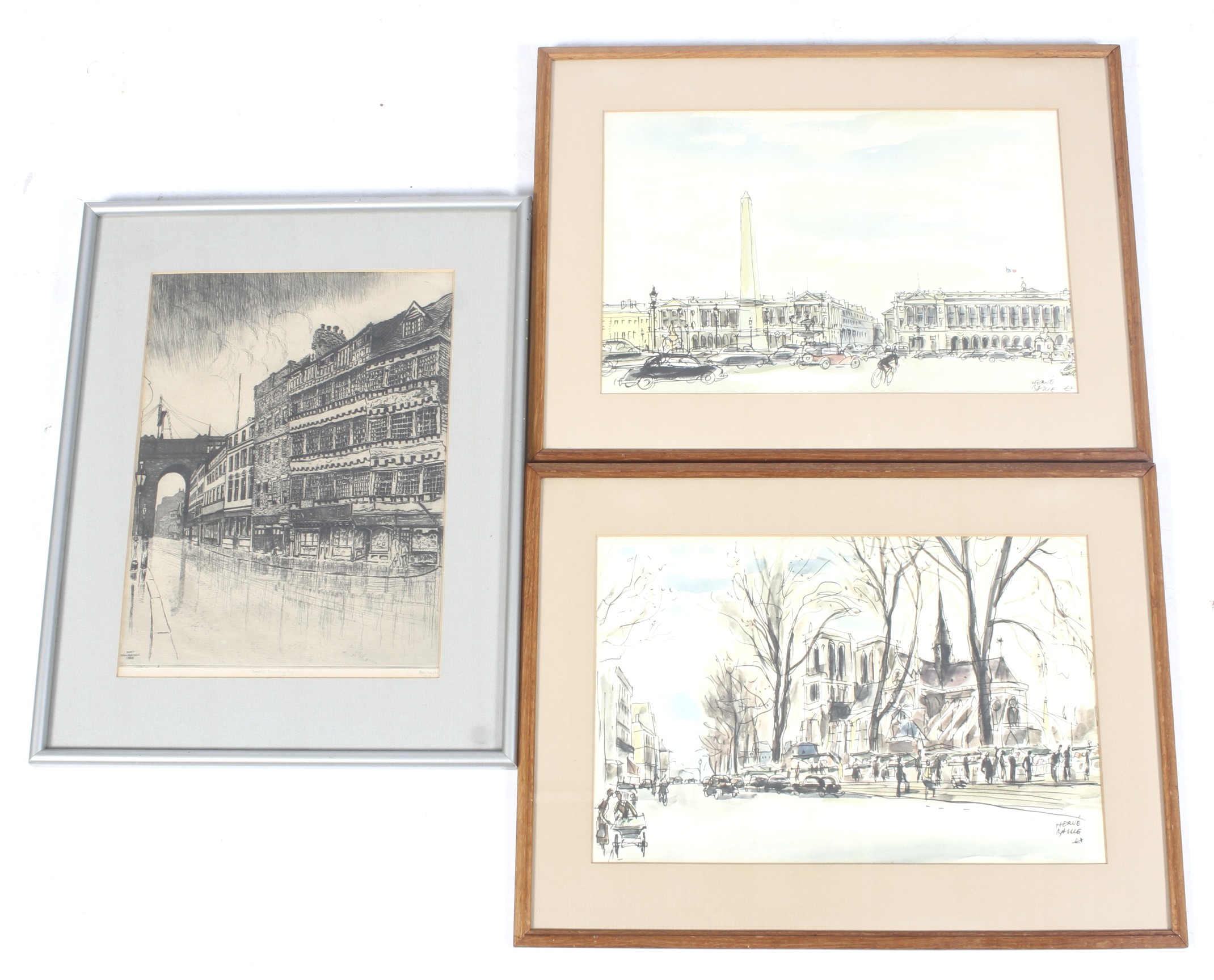 Bert Bainbridge, (British, 1875-1949), etching and two prints of Paris cityscapes.