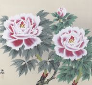 A contemporary Chinese painting of peonies on silk. Signed and two seal marks lower left.