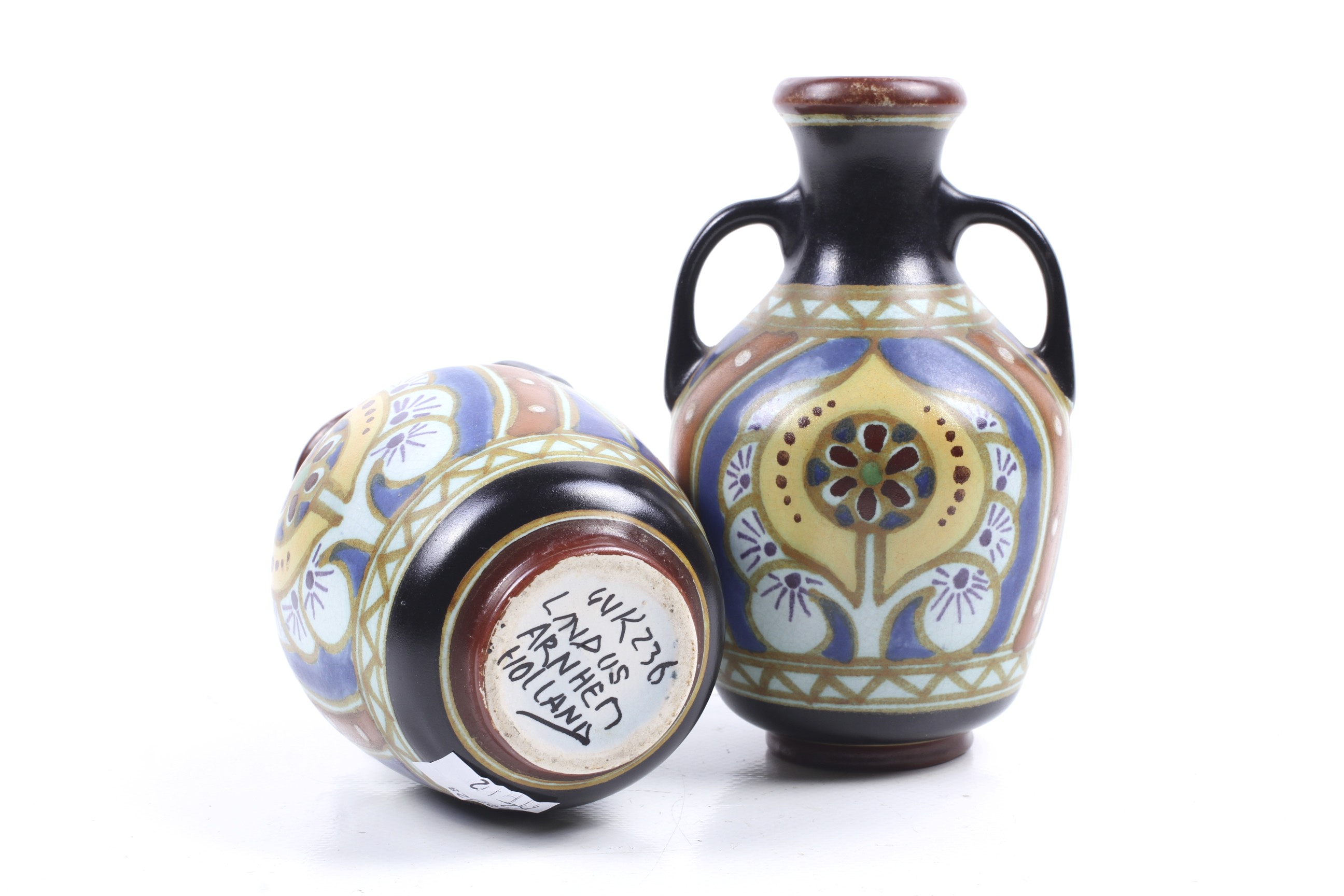 A pair of Dutch pottery Lindus Arnhem twin handled vases. - Image 2 of 2