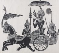A Cambodian stone rubbing of figures in a horse drawn carriage. Framed and glazed size 71.