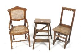 Two Victorian children's chairs and a wooden two step folding ladder.